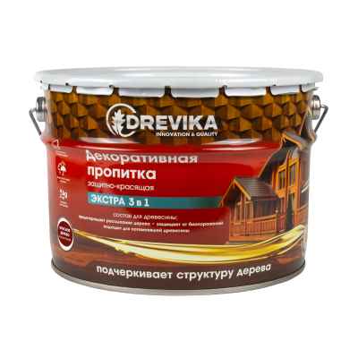 Пропитка для дерева Drevika Экстра 3 в 1, полуматовая, 9 л, красное дерево