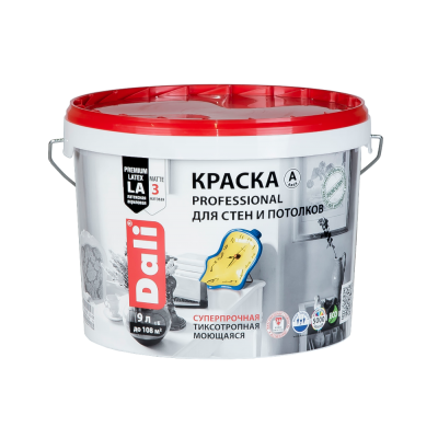 Краска акриловая Dali Professional 3 для стен и потолков матовая, база А белая (9л)